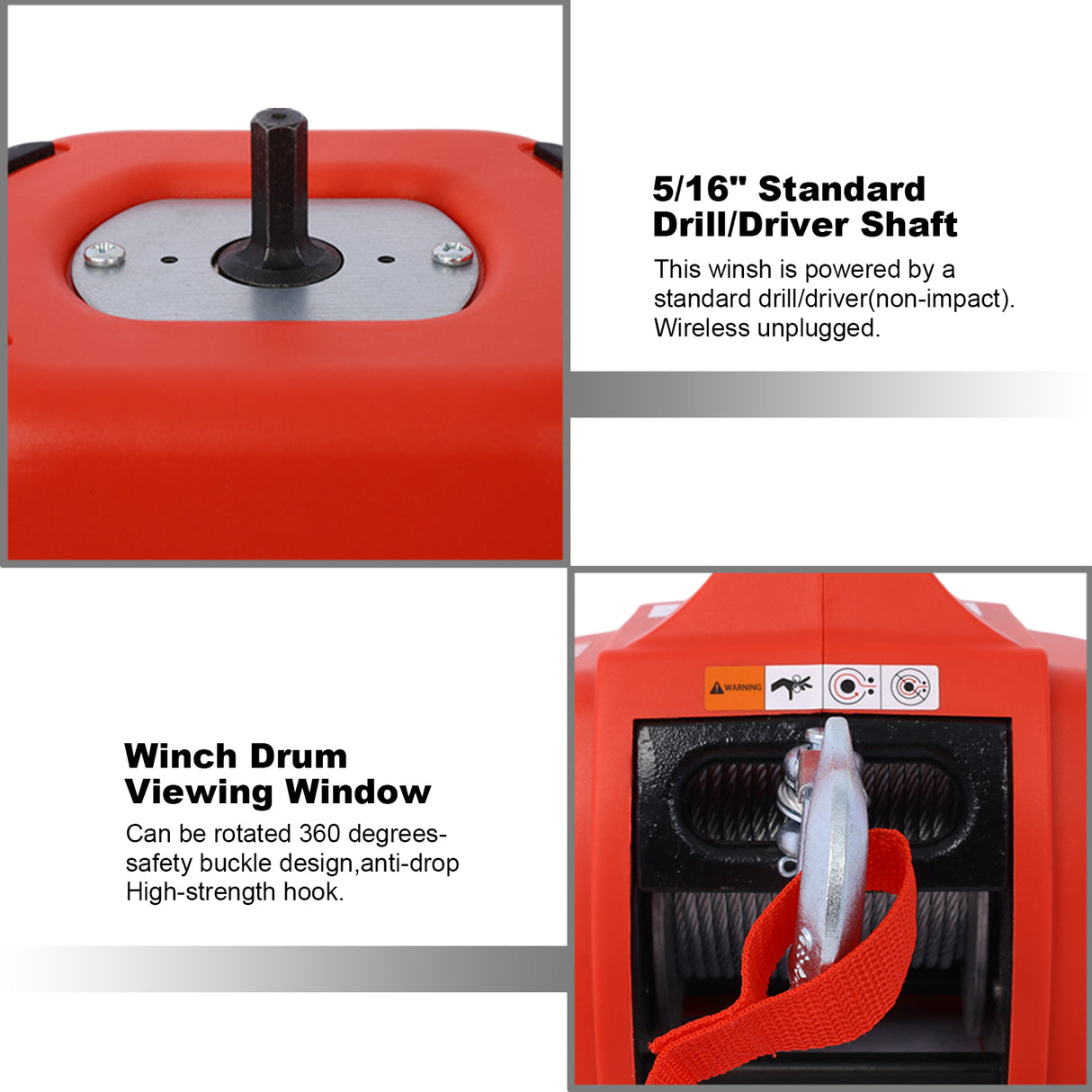 Drill Winch Hoist Portable 750 LB Capacity with 40 Feet Steel Wire--Red