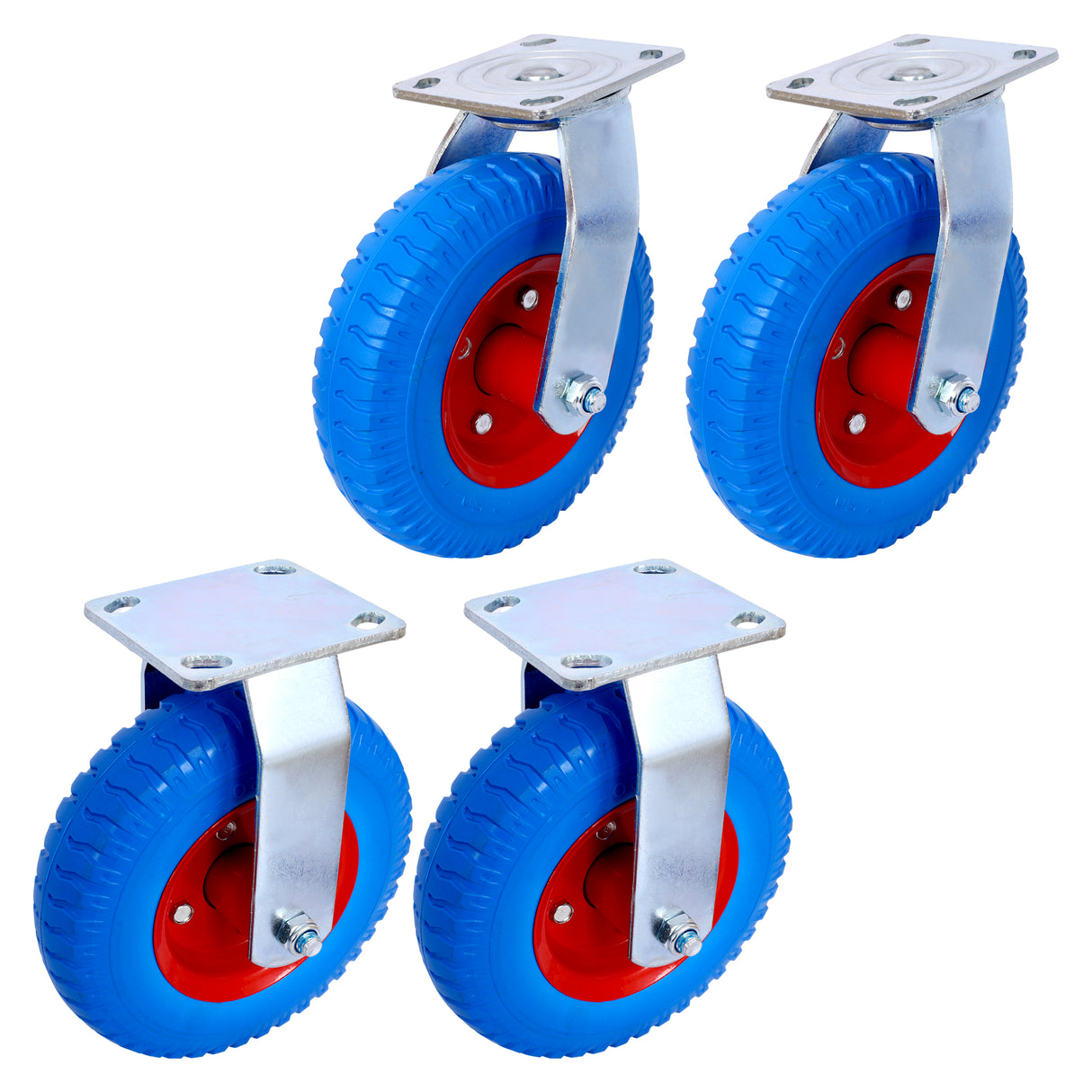 4PCS 8IN Flat Free (2PCS Swivel +2PCS Rigid) Caster Wheel Swivel Plate Steel Hub with Ball Bearings 5/8-Inch Bore Centered Axle Blue