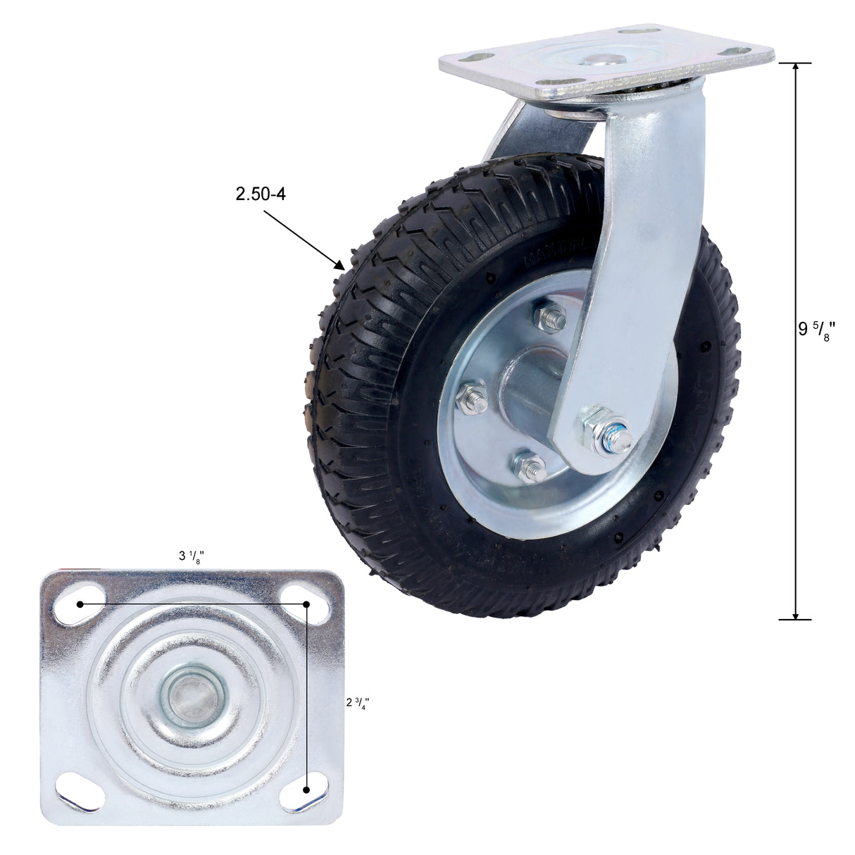 2PCS 8IN Pneumatic Tire Caster Wheel Swivel Plate Steel Hub with Ball Bearings 5/8-Inch Bore Centered Axle Black