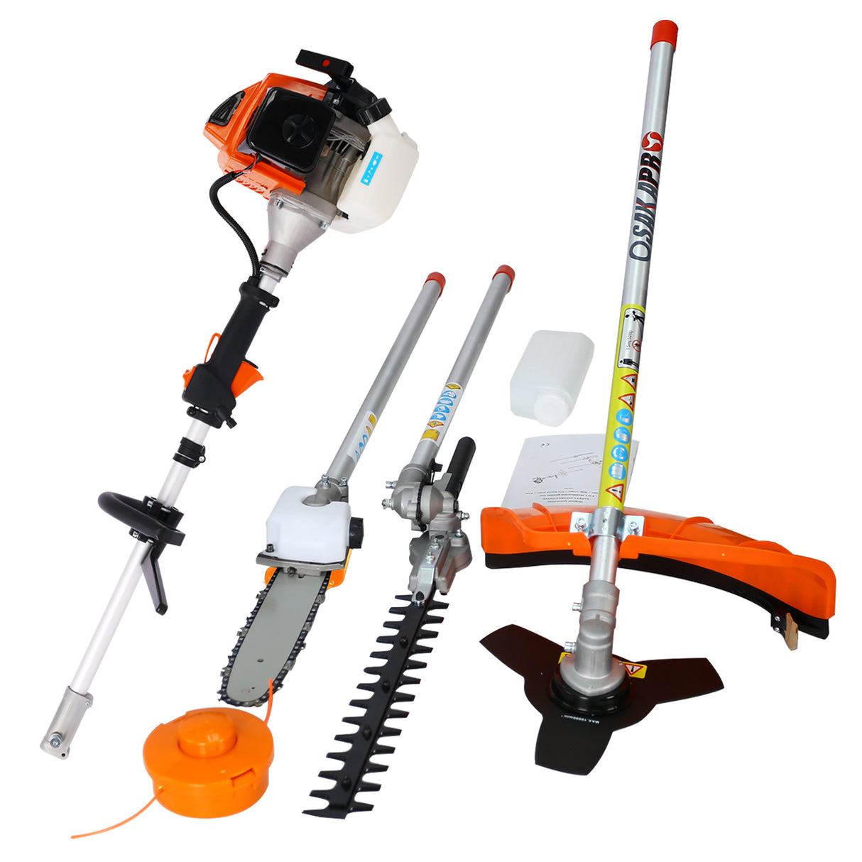 4 in 1 Multi-Functional Trimming Tool 63CC 2-Cycle Garden System with Gas Pole Saw Hedge Trimmer Grass Trimmer and Brush Cutter EPA Compliant