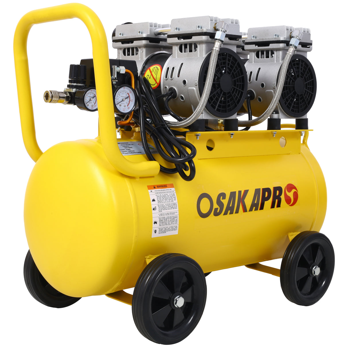 Compresor de aire silencioso de 2.5 hp 13 galones Tienda eléctrica sin aceite sin aceite Ligero con ruedas Nivel de ruido de 70 dba con válvula de drenaje automática amarillo