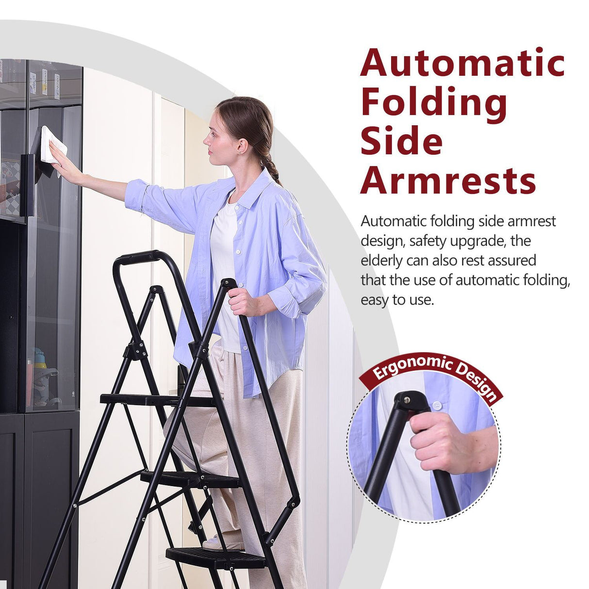 5-Step Ladder Folding Stool with Anti Slip Wide Pedals 300 Lbs Capacity Portable Steel--Black