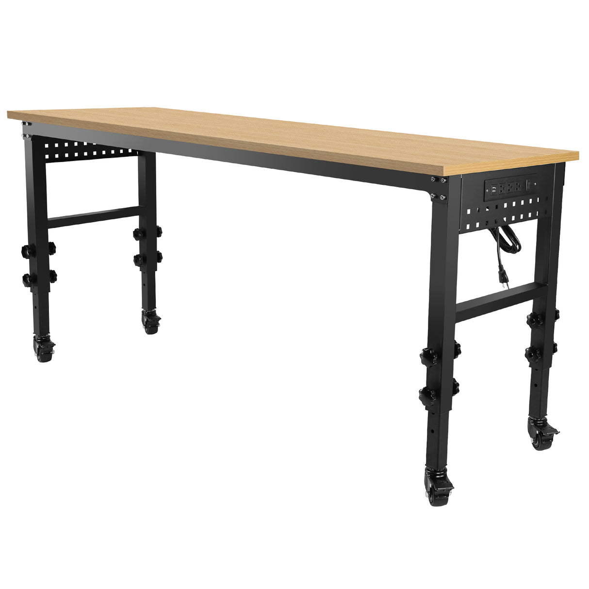 72" ×24インチ調節可能なワークベンチ、頑丈、電源コンセントとキャスター付き、ゴム製木製トップ、大きな耐荷重