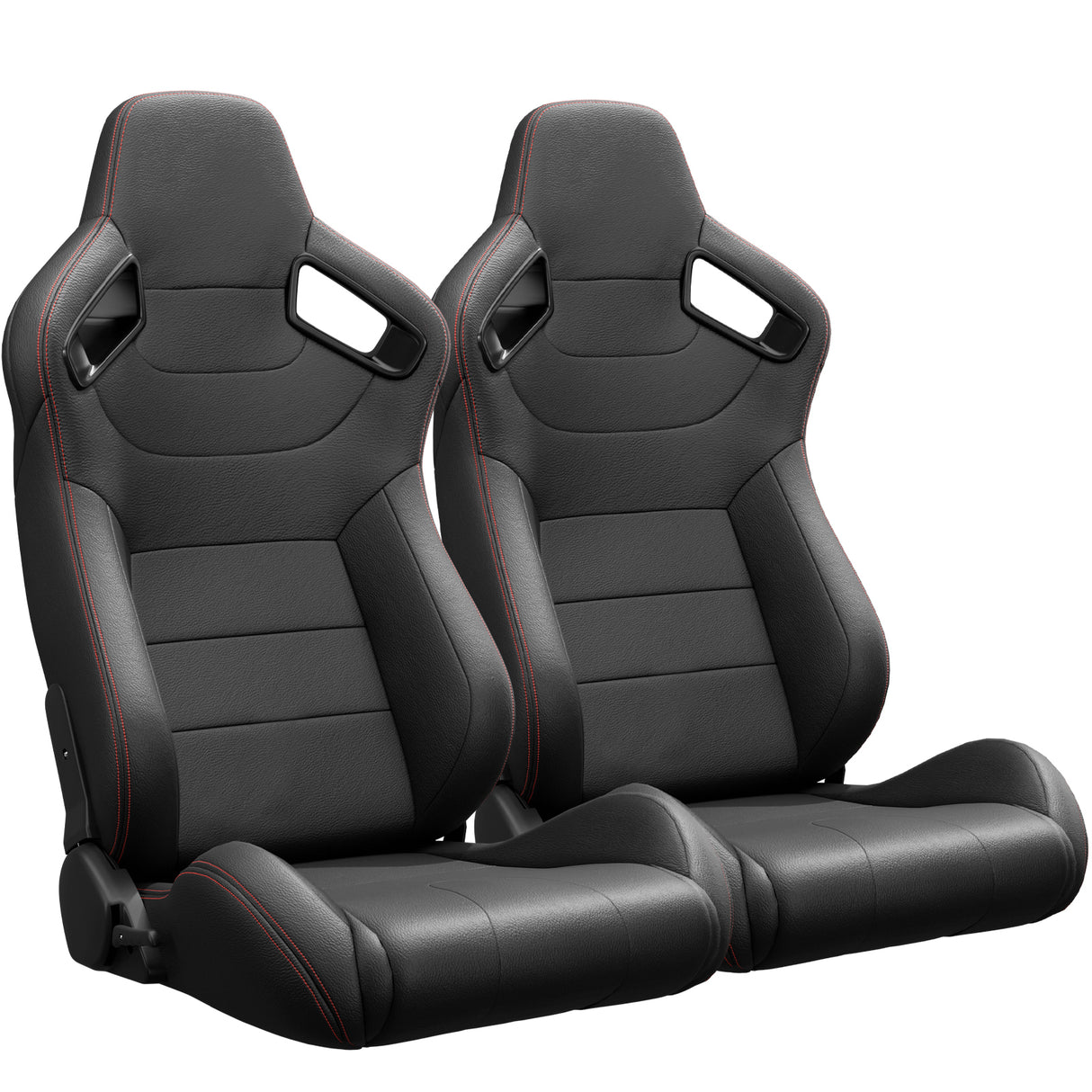 2PCS New Universal Bucket Racing Seats Red Stitch PVC Leather Reclinable Carbon Look Leather Back With Adjustor Slider(Not Including Seat Bracket)