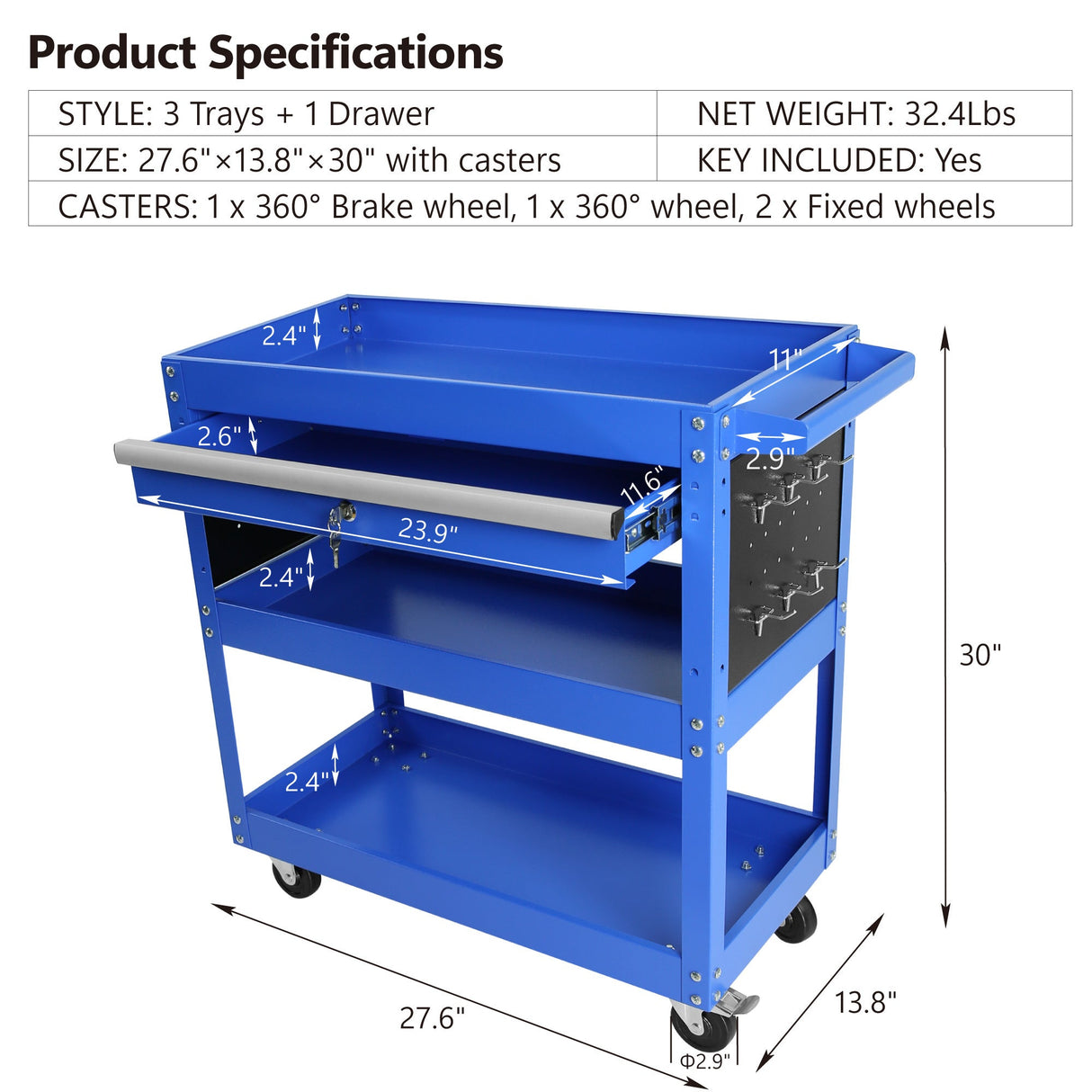 1 - Drawer Utility Rolling Cart Tool Heavy Duty with Wheels and Locking System - Blue - Fab Heavy Parts