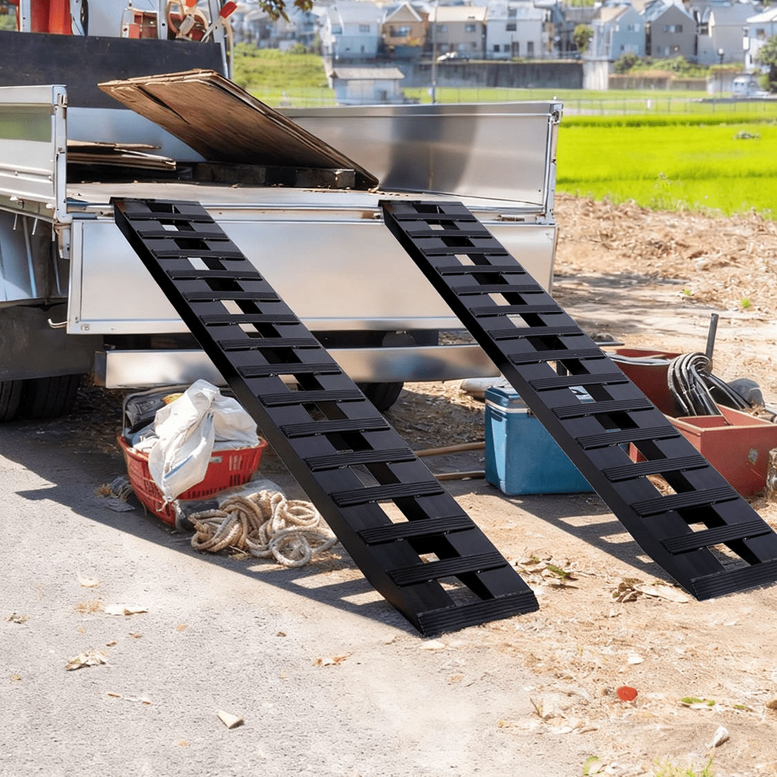 1 Pair Heavy - Duty Ramps with Top Hook Attaching End Universal Loading 84" X 14" 8800 LBS Aluminum - Black - Fab Heavy Parts