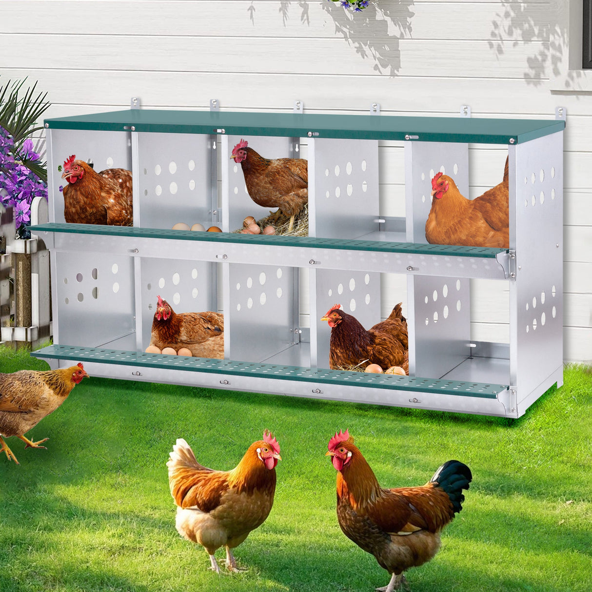 10 - Bay Metal Chicken Nesting Box Wall Mount Easy Egg Collection Vented Galvanized Steel - Green - Fab Heavy Parts