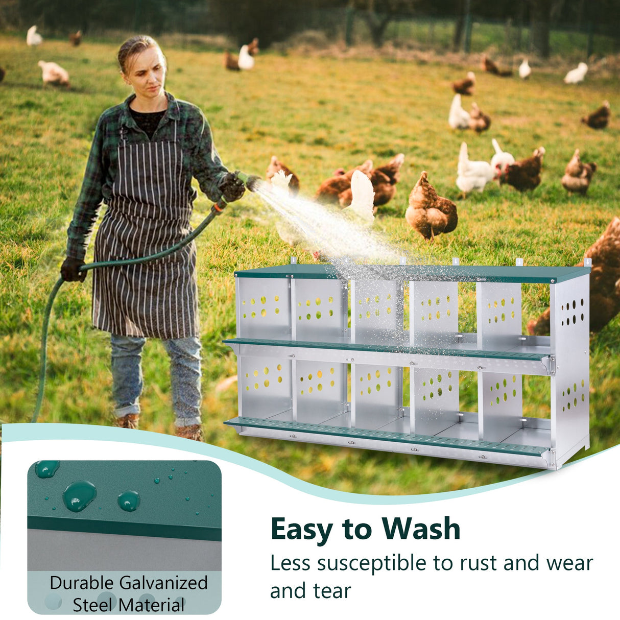 10 - Bay Metal Chicken Nesting Box Wall Mount Easy Egg Collection Vented Galvanized Steel - Green - Fab Heavy Parts