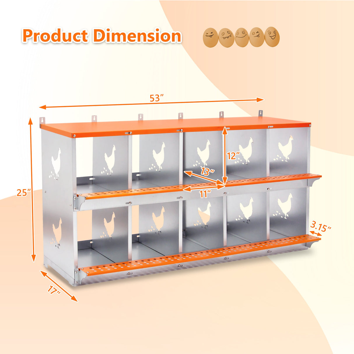 10 - Bay Metal Chicken Nesting Box Wall Mount Easy Egg Collection Vented Galvanized Steel - Orange - Fab Heavy Parts