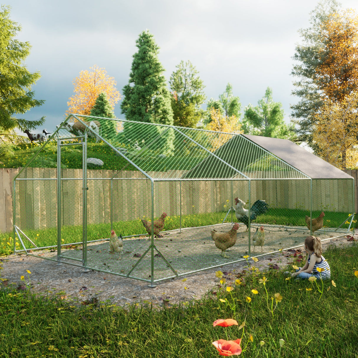 10' L x 20' W x 6.56' H Large Metal Walk - in Chicken Coop Galvanized Wire with Waterproof and Anti - Ultraviolet Cover - Fab Heavy Parts