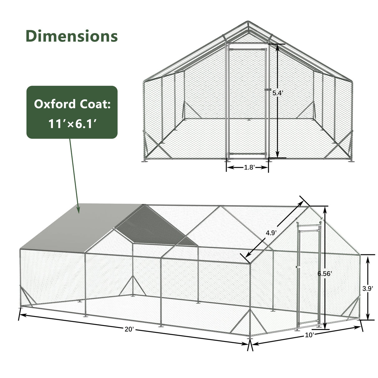 10' L x 20' W x 6.56' H Large Metal Walk - in Chicken Coop Galvanized Wire with Waterproof and Anti - Ultraviolet Cover - Fab Heavy Parts