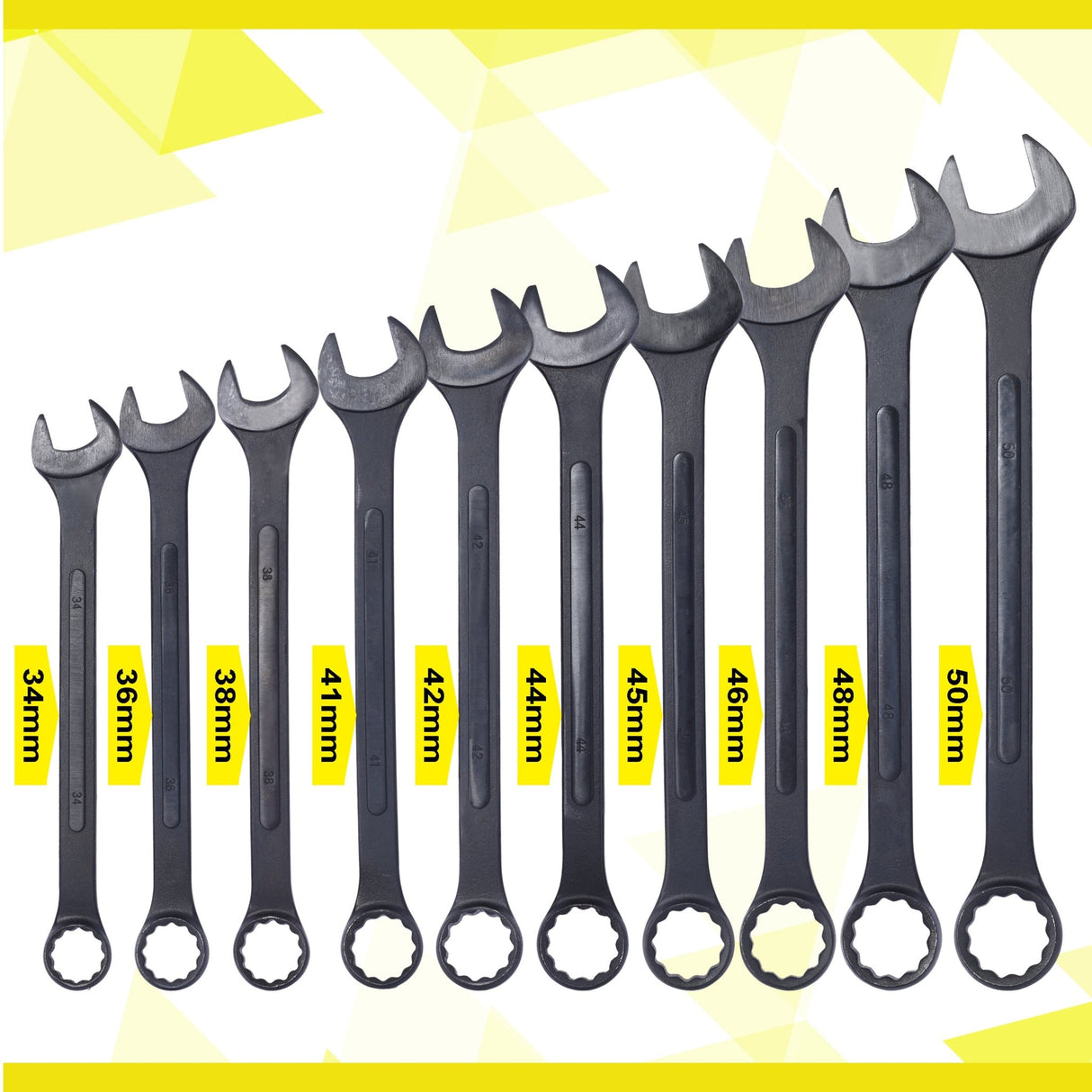 10 PCS Metric Jumbo Combination Wrench Set Extra Large Black - Oxide 34 36 38 41 42 44 45 46 48 50mm with Pouch - Fab Heavy Parts
