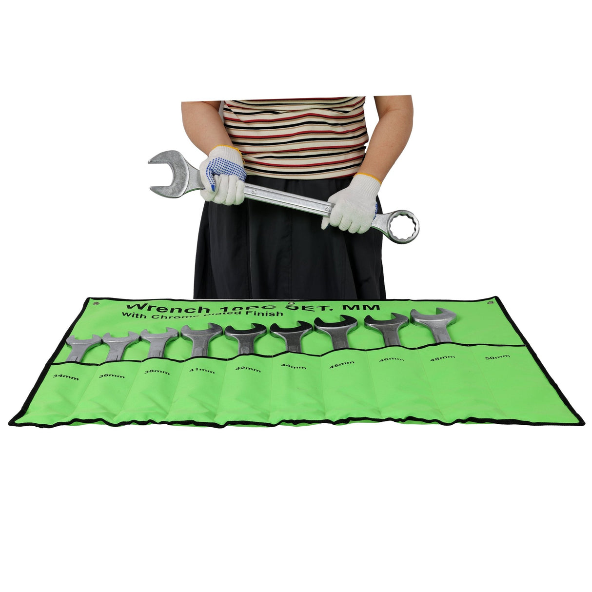 10 PCS Metric Jumbo Combination Wrench Set Extra Large, MM 34, 36, 38, 41, 42, 44, 45, 46, 48, 50mm - Chrome Plated - Fab Heavy Parts