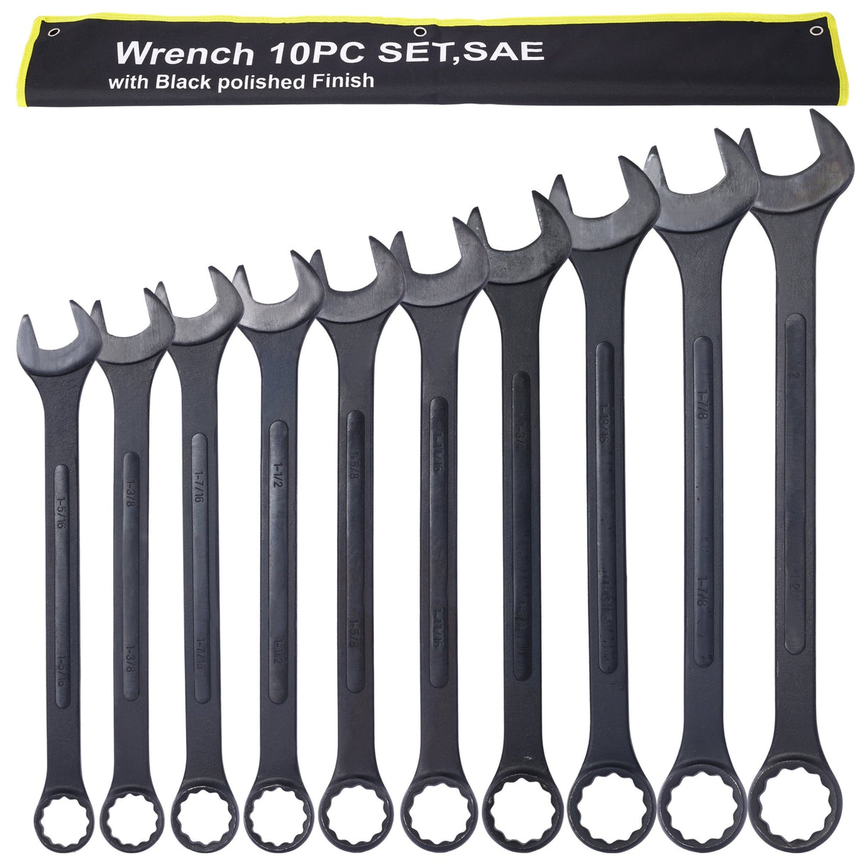 10 PCS SAE Jumbo Combination Wrench Set Extra Large Black - Oxide 1 - 5/16" - 2" with Pouch - Fab Heavy Parts