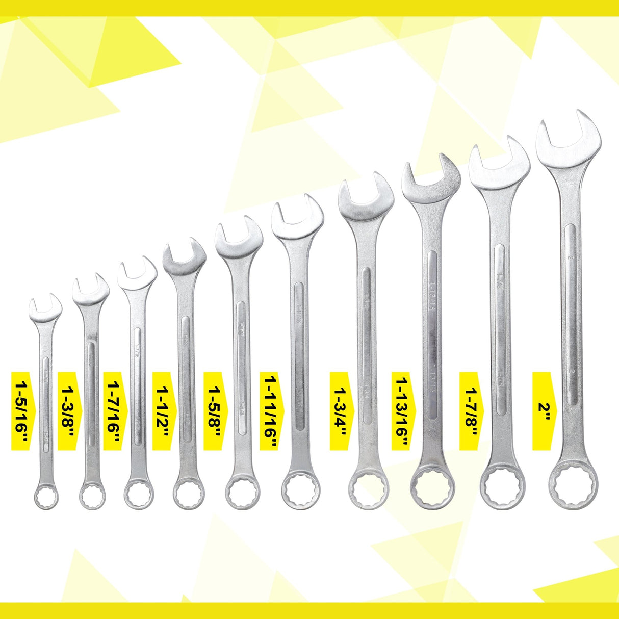10 PCS SAE Jumbo Combination Wrench Set Extra Large, SAE 1-5/16", 1-3/8", 1-7/16", 1-1/2", 1-5/8", 1-11/16", 1-3/4", 1-13/16", 1-7/8", 2" - Chrome Plated - Fab Heavy Parts