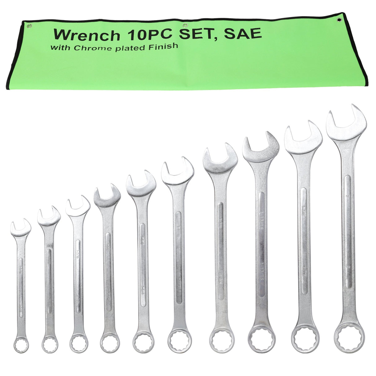 10 PCS SAE Jumbo Combination Wrench Set Extra Large, SAE 1-5/16", 1-3/8", 1-7/16", 1-1/2", 1-5/8", 1-11/16", 1-3/4", 1-13/16", 1-7/8", 2" - Chrome Plated - Fab Heavy Parts