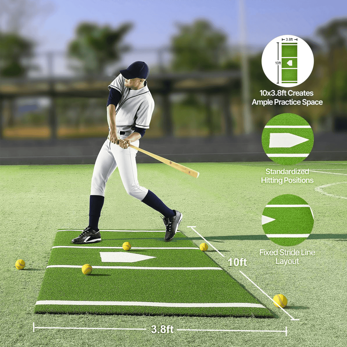 10 x 3.8 ft Indoor/Outdoor Portable Baseball Softball Hitting Mat Non - slip Rubber Bottom Batting Cage Mat with Home Plate - Green - Fab Heavy Parts