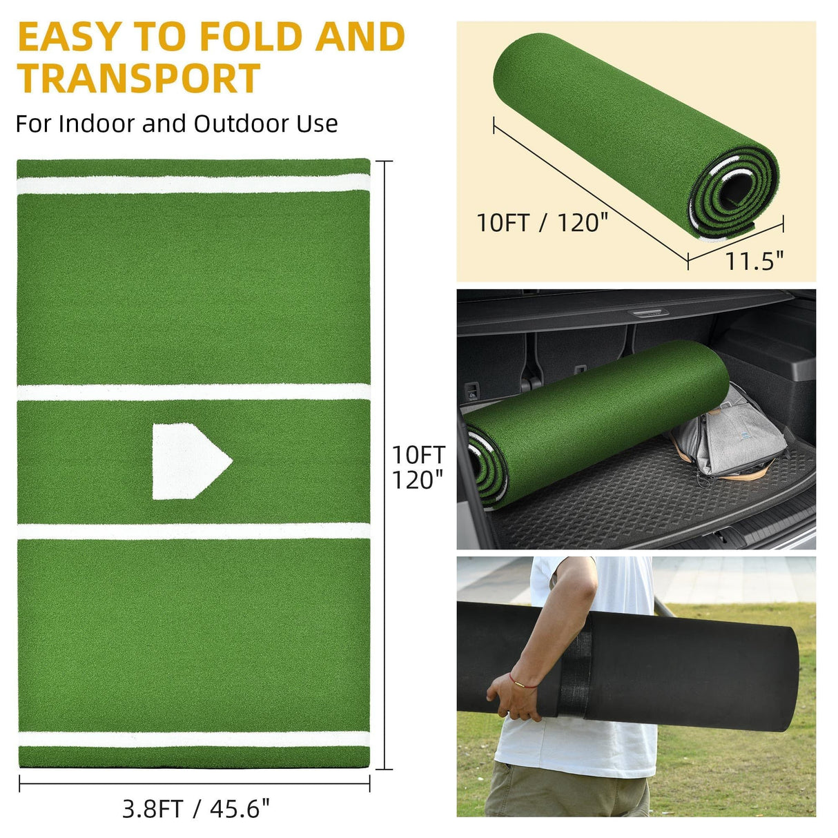 10 x 3.8 ft Indoor/Outdoor Portable Baseball Softball Hitting Mat Non - slip Rubber Bottom Batting Cage Mat with Home Plate - Green - Fab Heavy Parts