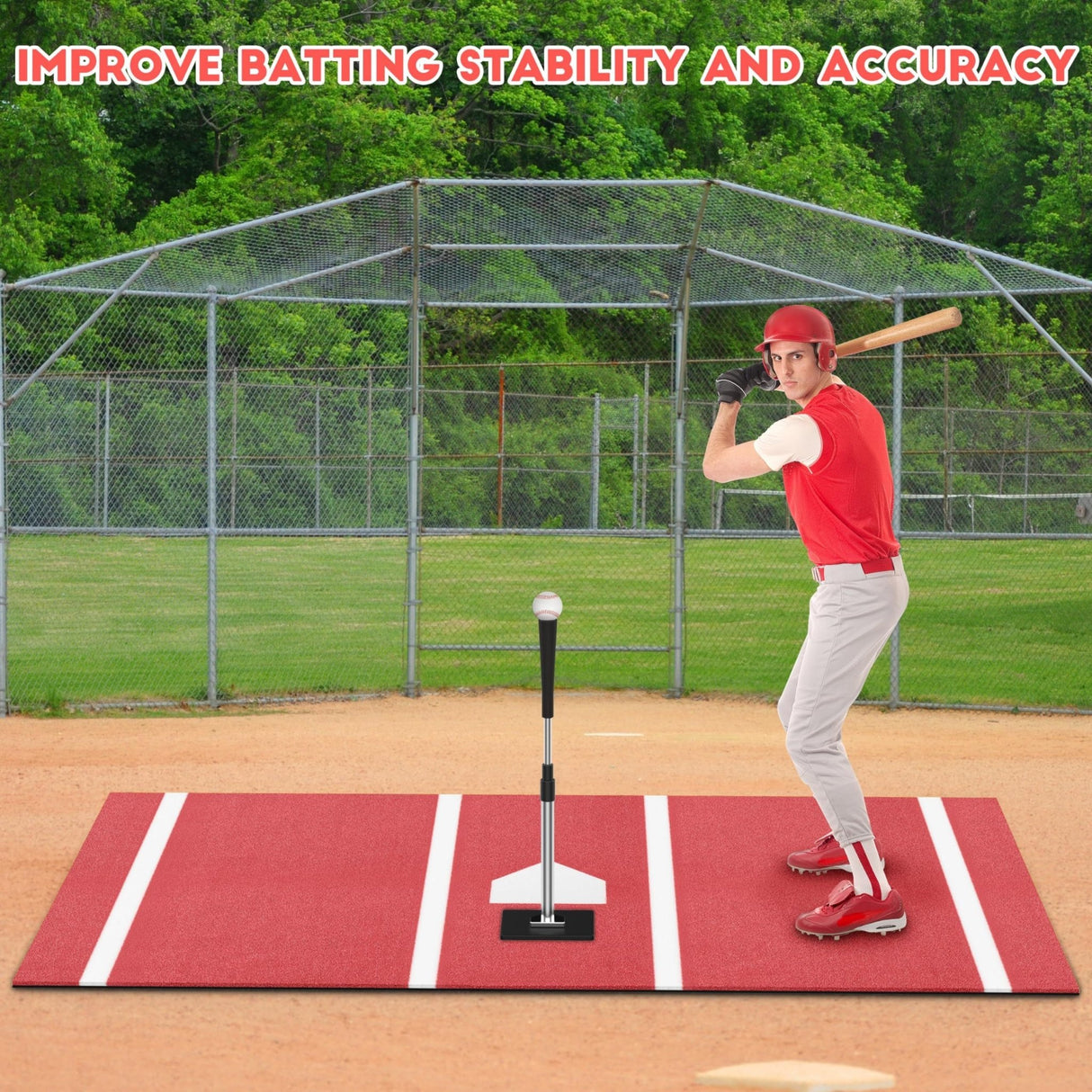 10 x 3.8 ft Indoor/Outdoor Portable Baseball Softball Hitting Mat Non - slip Rubber Bottom Batting Cage Mat with Home Plate - Red - Fab Heavy Parts
