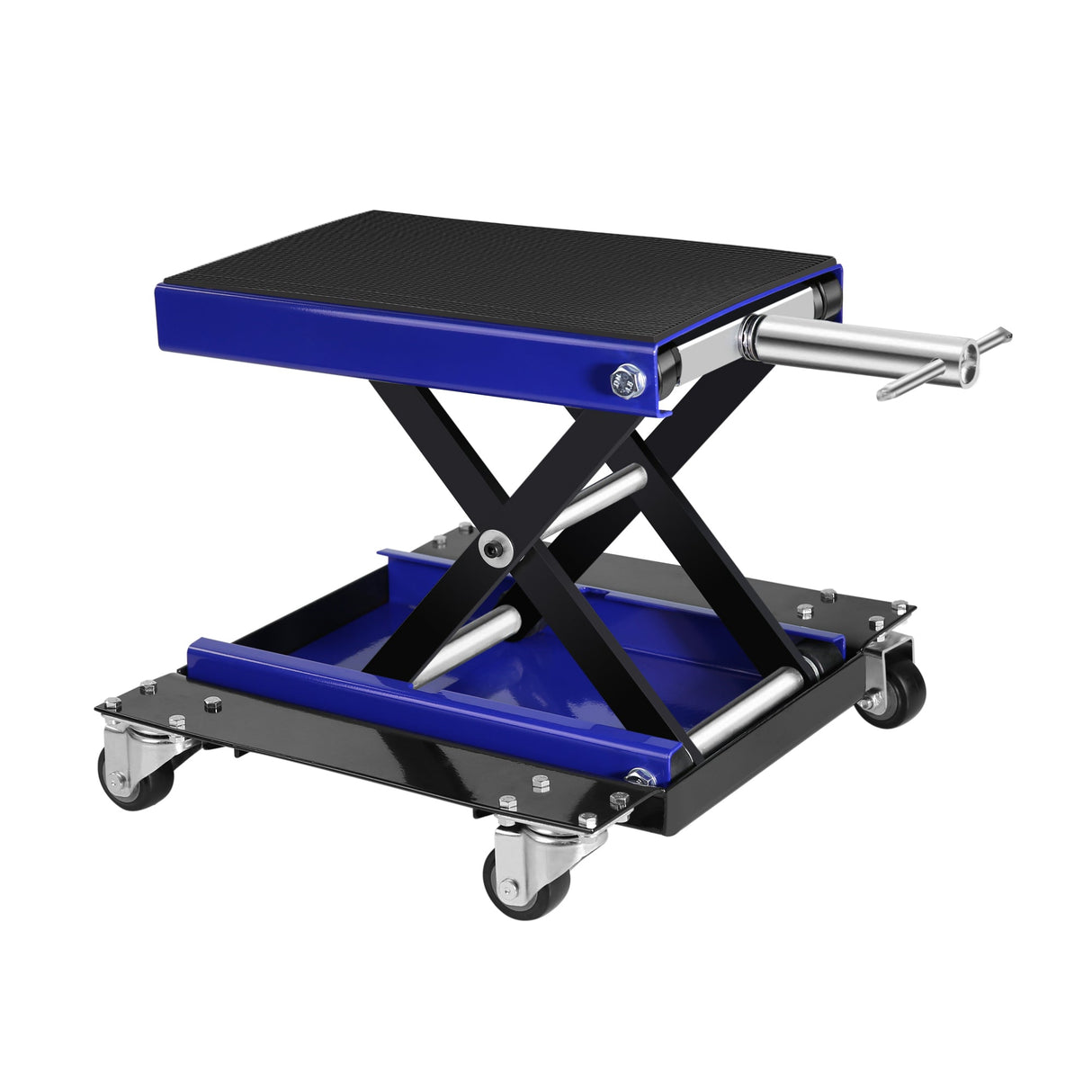1100 Lbs Steel Wide Scissor Lift Jack with Dolly and Hand Crank - Blue - Fab Heavy Parts