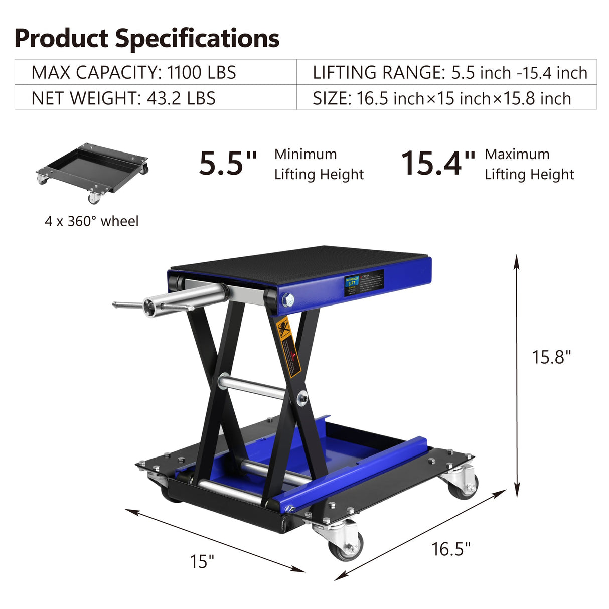 1100 Lbs Steel Wide Scissor Lift Jack with Dolly and Hand Crank - Blue - Fab Heavy Parts