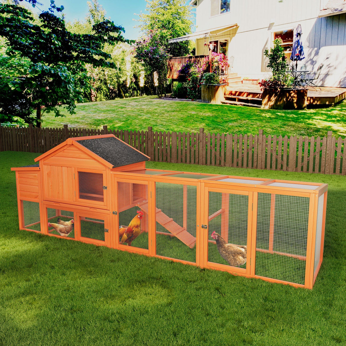 113.5" Large Wooden Chicken Coop with Run Waterproof Roof & Nesting Box Secure Lock Removable Tray Ramp & Perch - Fab Heavy Parts