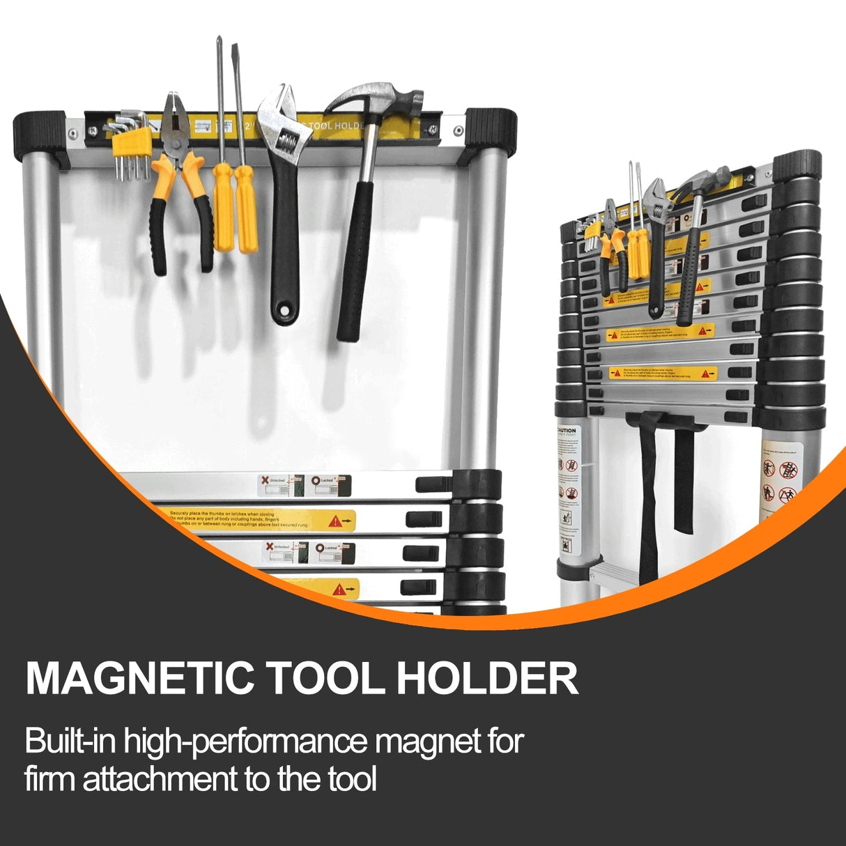 11.5 FT Aluminum Telescoping Ladder 330 Lbs Capacity Equipped with 360 ° Rotatable Stabilizer Bar and Metal Tool Suction Magnetic Strip - Fab Heavy Parts