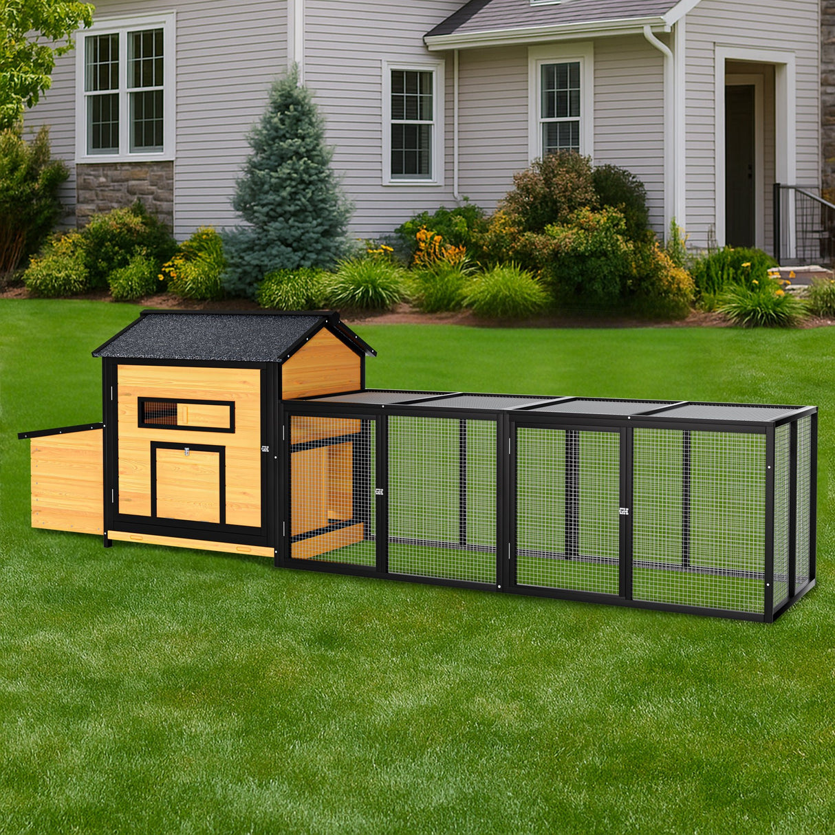 118" Large Wooden Chicken Coop with Nesting Box Leak - Proof Pull - Out Tray Asphalt Roof & Free - Range Doors - Fab Heavy Parts