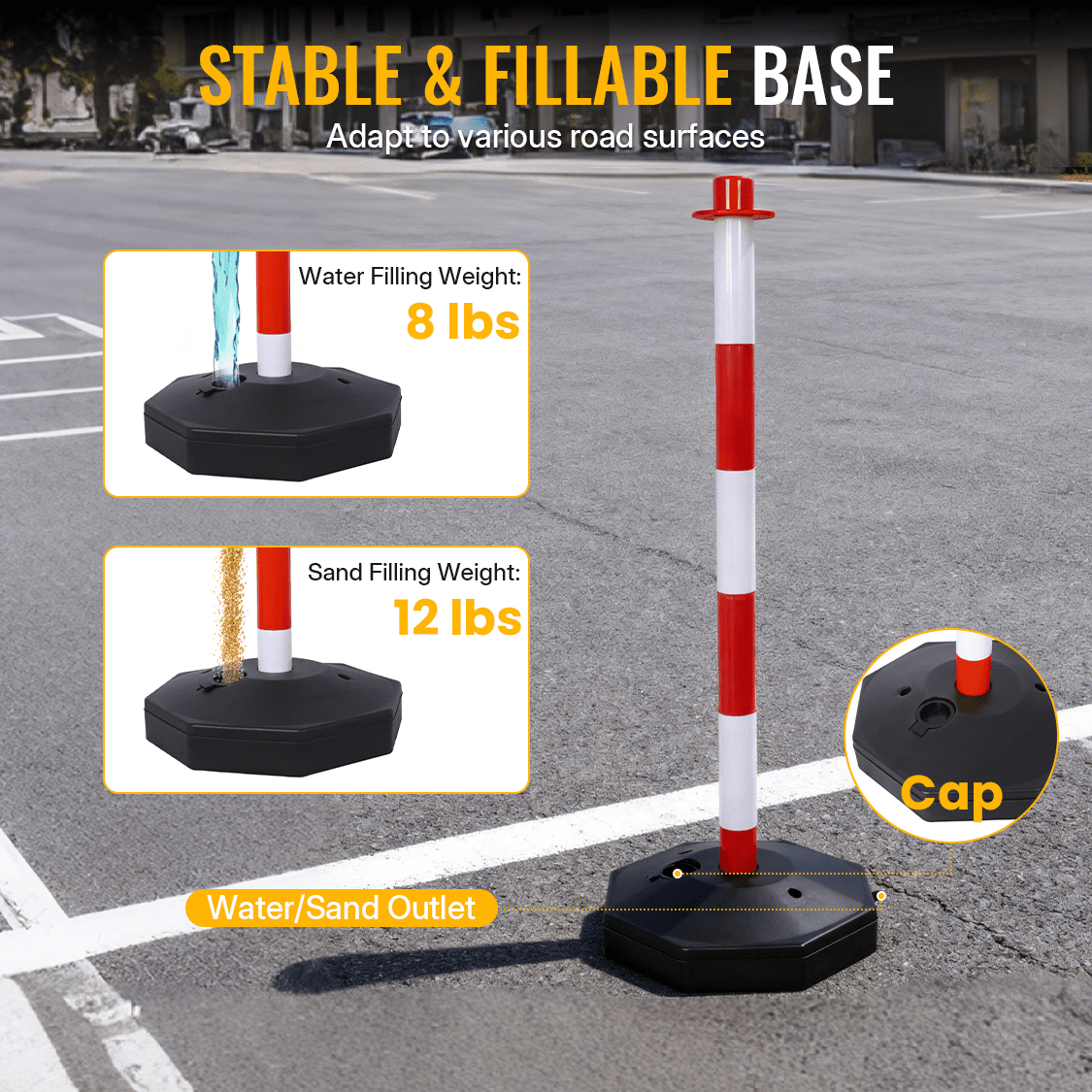 12 Pack Traffic Delineator Post Cones with Fillable Base Adjustable Safety Barrier with 5Ft Plastic Chain - White+Red - Fab Heavy Parts
