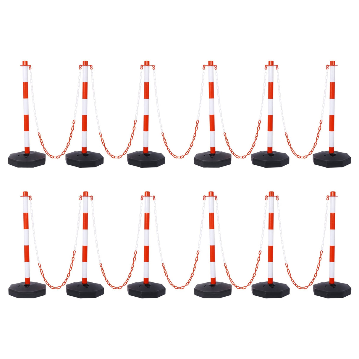 12 Pack Traffic Delineator Post Cones with Fillable Base Adjustable Safety Barrier with 5Ft Plastic Chain - White+Red - Fab Heavy Parts