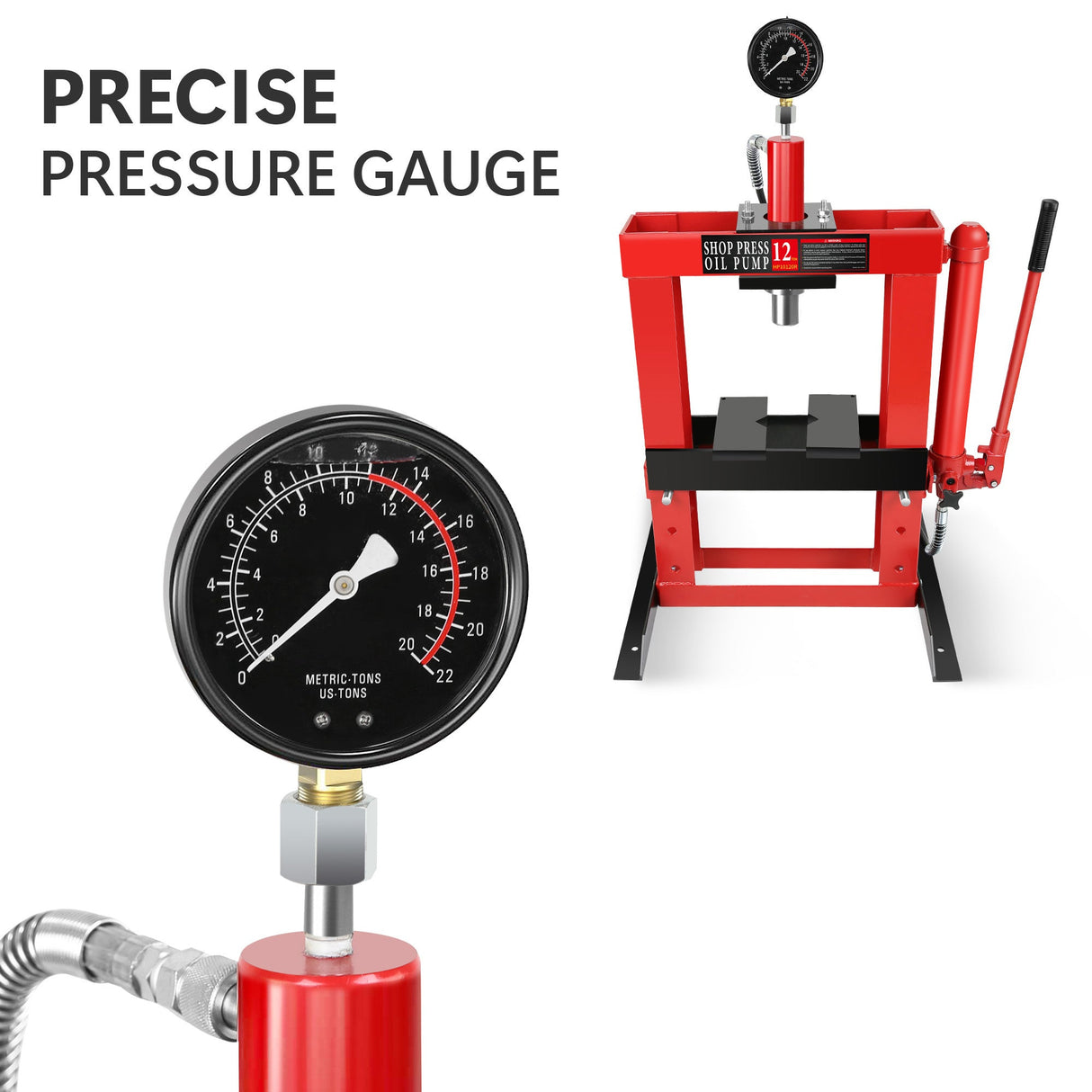 12 - Ton Adjustable Benchtop Hydraulic Shop Press for Garage w/Stamping Plates & Pressure Manual Hand Pump - Fab Heavy Parts