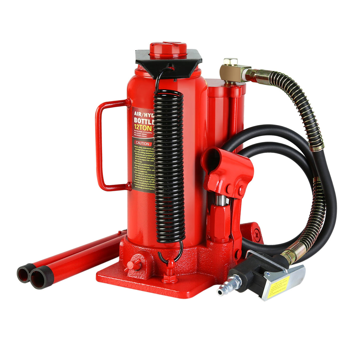 12 Ton Air Hydraulic Bottle Jack All Welded with 2 - Section Long Handle Lifting Range 10.2 - 20.1 Inch - Fab Heavy Parts