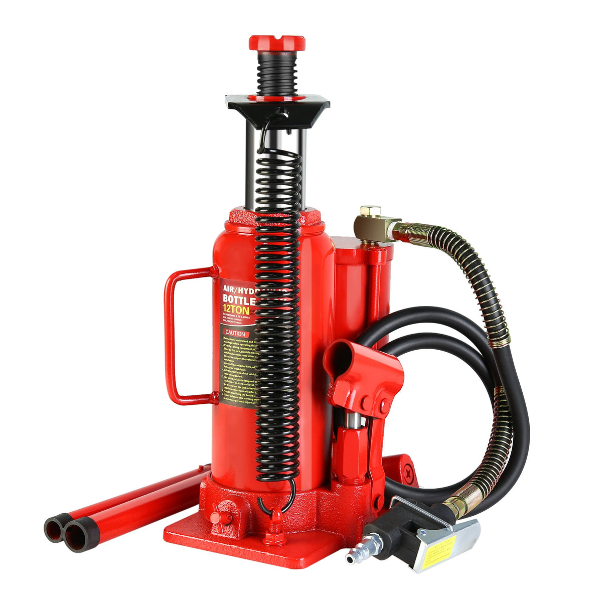 12 Ton Air Hydraulic Bottle Jack All Welded with 2 - Section Long Handle Lifting Range 10.2 - 20.1 Inch - Fab Heavy Parts