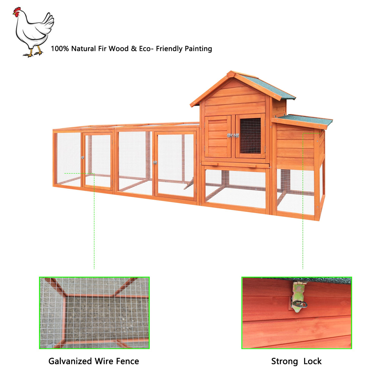 122" Large Wooden Chicken Coop with Nesting Box Wire Fence Poultry Cage - Fab Heavy Parts