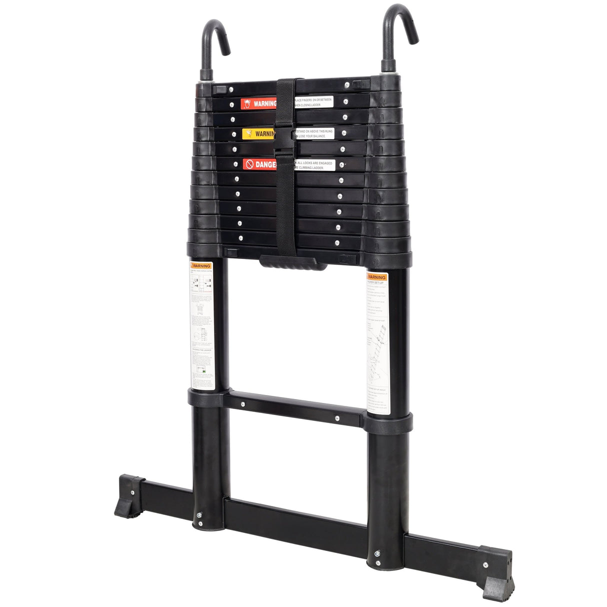 12.5FT Telescopic Ladder Aluminum Ladder with Non - Slip Feet and Stable Hook Portable Extension Ladder for Household and Outdoor Working 330lbs Capacity - Black - Fab Heavy Parts