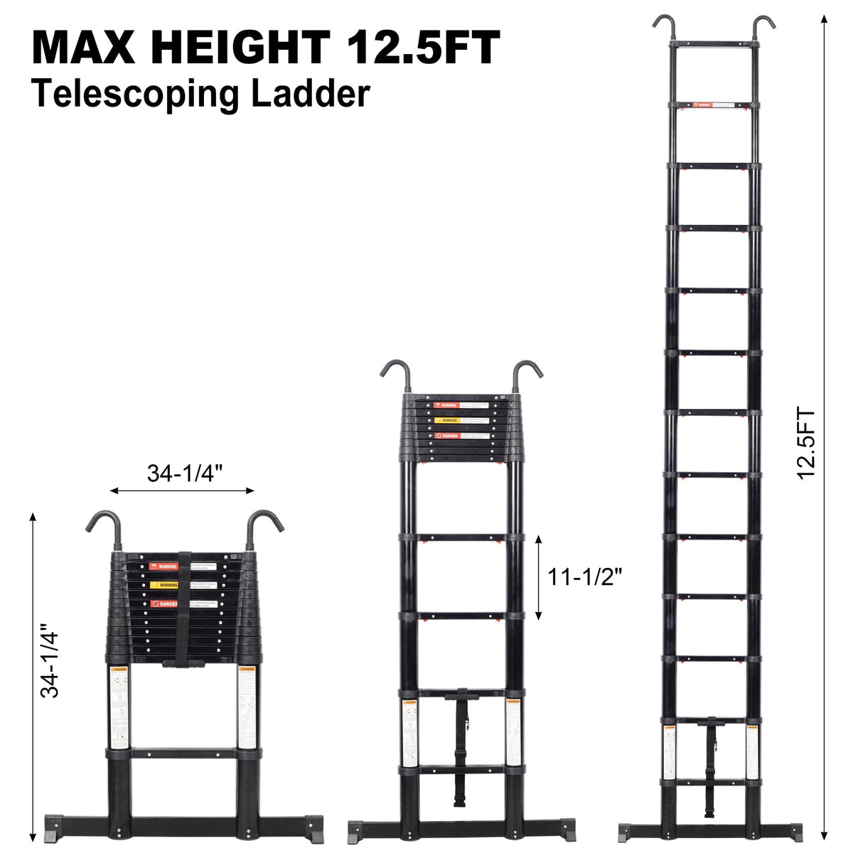 12.5FT Telescopic Ladder Aluminum Ladder with Non - Slip Feet and Stable Hook Portable Extension Ladder for Household and Outdoor Working 330lbs Capacity - Black - Fab Heavy Parts