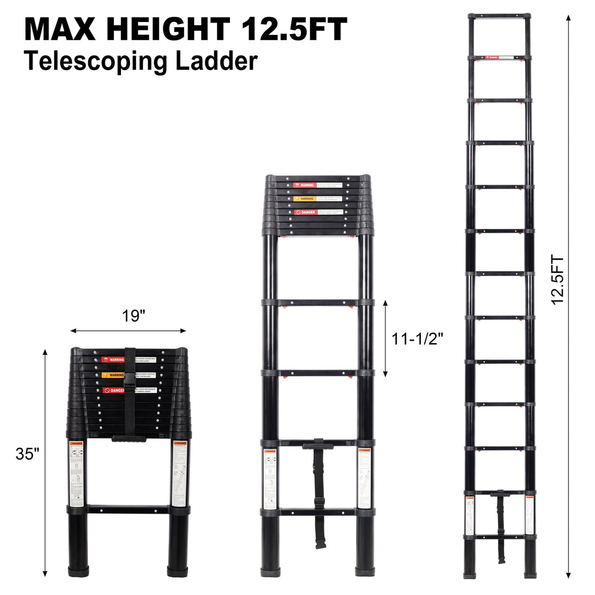 12.5FT Telescopic Ladder Aluminum Ladder with Non - Slip Feet Portable Extension Ladder for Household and Outdoor Working 330lb Capacity - Black - Fab Heavy Parts