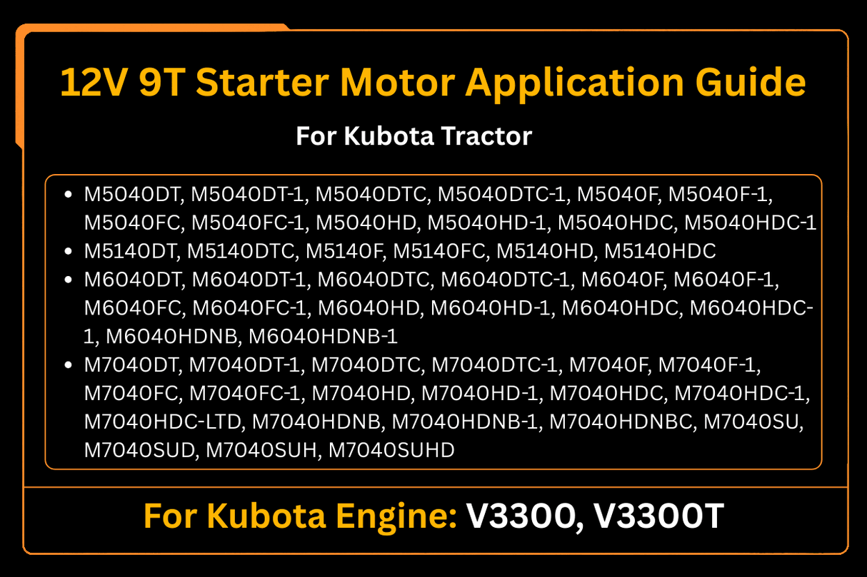 12V 9T Starter Motor 1G772 - 63010 M8T71671 for Kubota Engine V3300 Tractor M5040DT M6040DT M7040HD Aftermarket Replacement For Bobcat S650 - Fab Heavy Parts