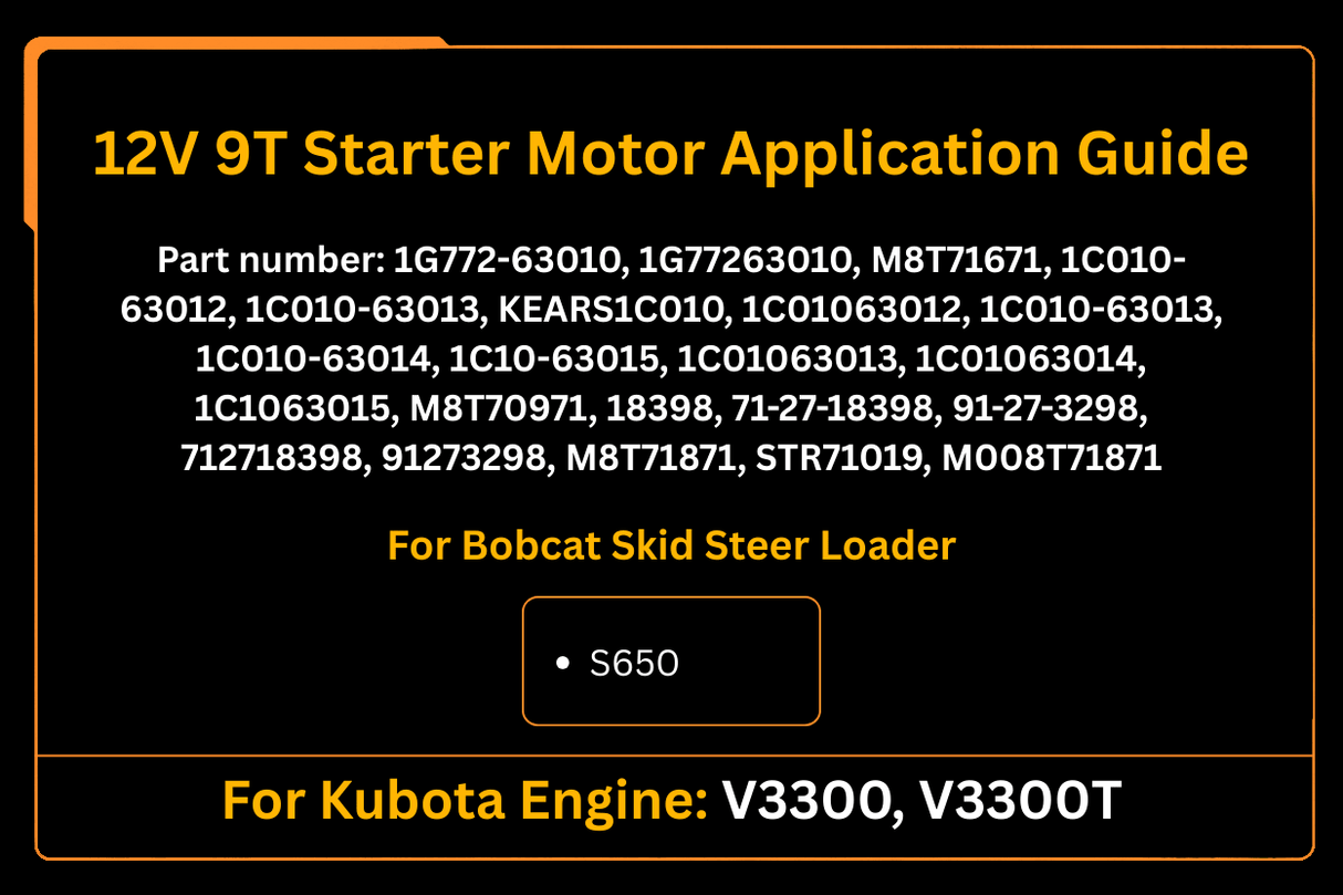 12V 9T Starter Motor 1G772 - 63010 M8T71671 for Kubota Engine V3300 Tractor M5040DT M6040DT M7040HD Aftermarket Replacement For Bobcat S650 - Fab Heavy Parts