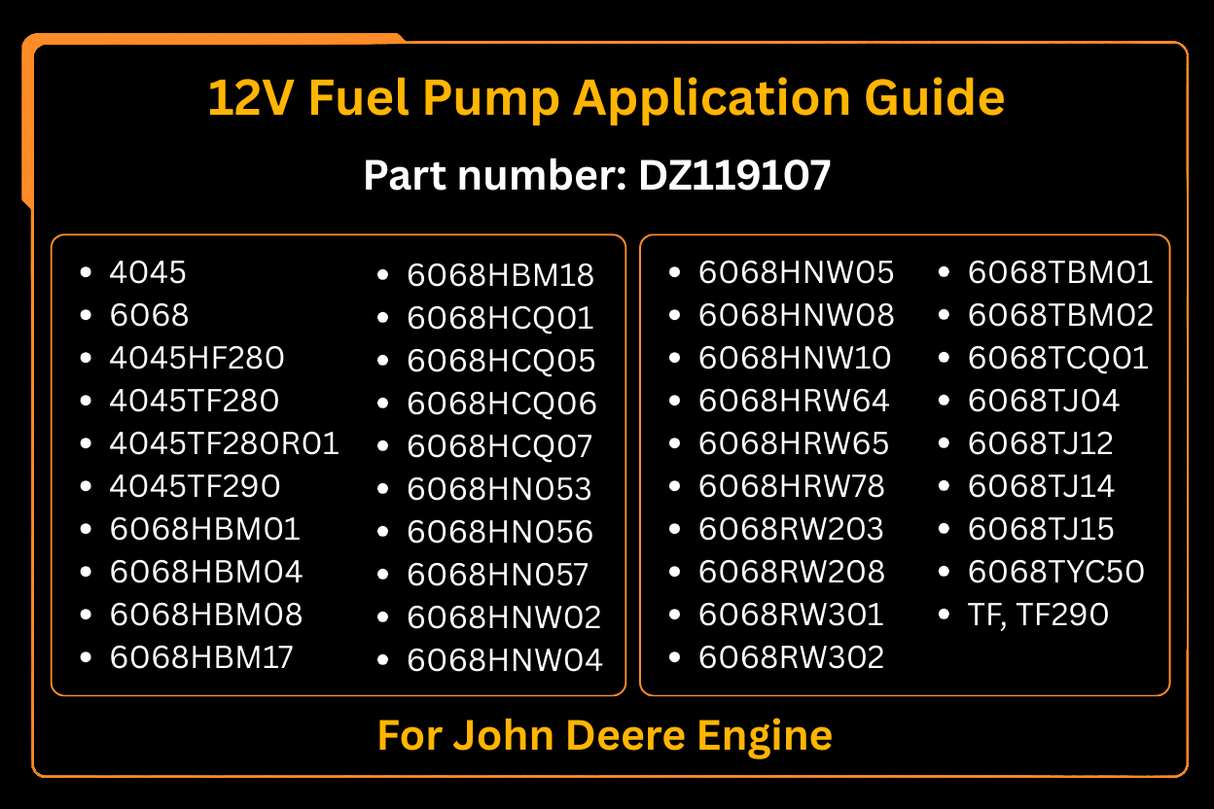 12V Fuel Pump DZ119107 for John Deere 4045 6068 2204 7200J 7210J 7215J - Fab Heavy Parts