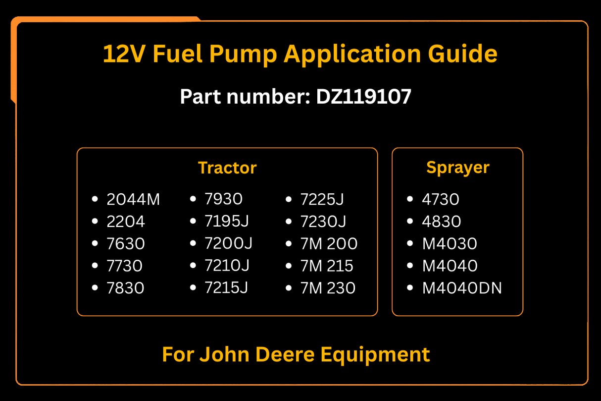 12V Fuel Pump DZ119107 for John Deere 4045 6068 2204 7200J 7210J 7215J - Fab Heavy Parts