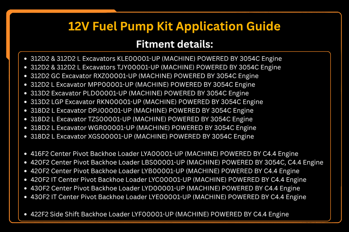 12V Fuel Pump Kit 467 - 7011 4677011 Fits for Caterpillar CAT Engine 3054C C4.4 Excavator 312D2 318D2 Loader 416F2 420F2 430F2 444F2 - Fab Heavy Parts