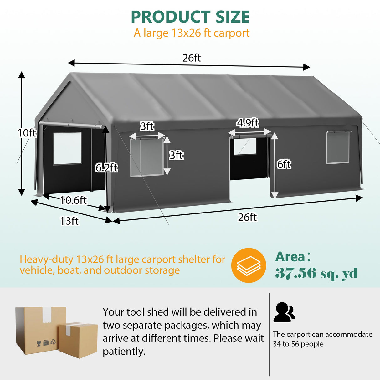 13x26 FT Heavy Duty Carport Canopy with 2 Roll - Up Doors + 1 Side Door Removable End Walls & Windows All - Weather Portable Garage Shelter for Car, Truck, Boat, Vehicle - Fab Heavy Parts