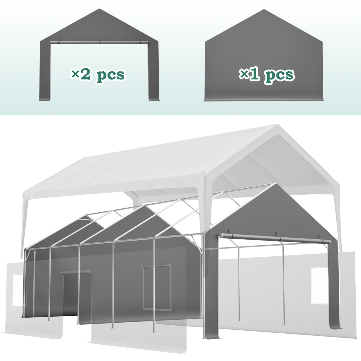 13x26 FT Heavy Duty Carport Canopy with 2 Roll - Up Doors + 1 Side Door Removable End Walls & Windows All - Weather Portable Garage Shelter for Car, Truck, Boat, Vehicle - Fab Heavy Parts