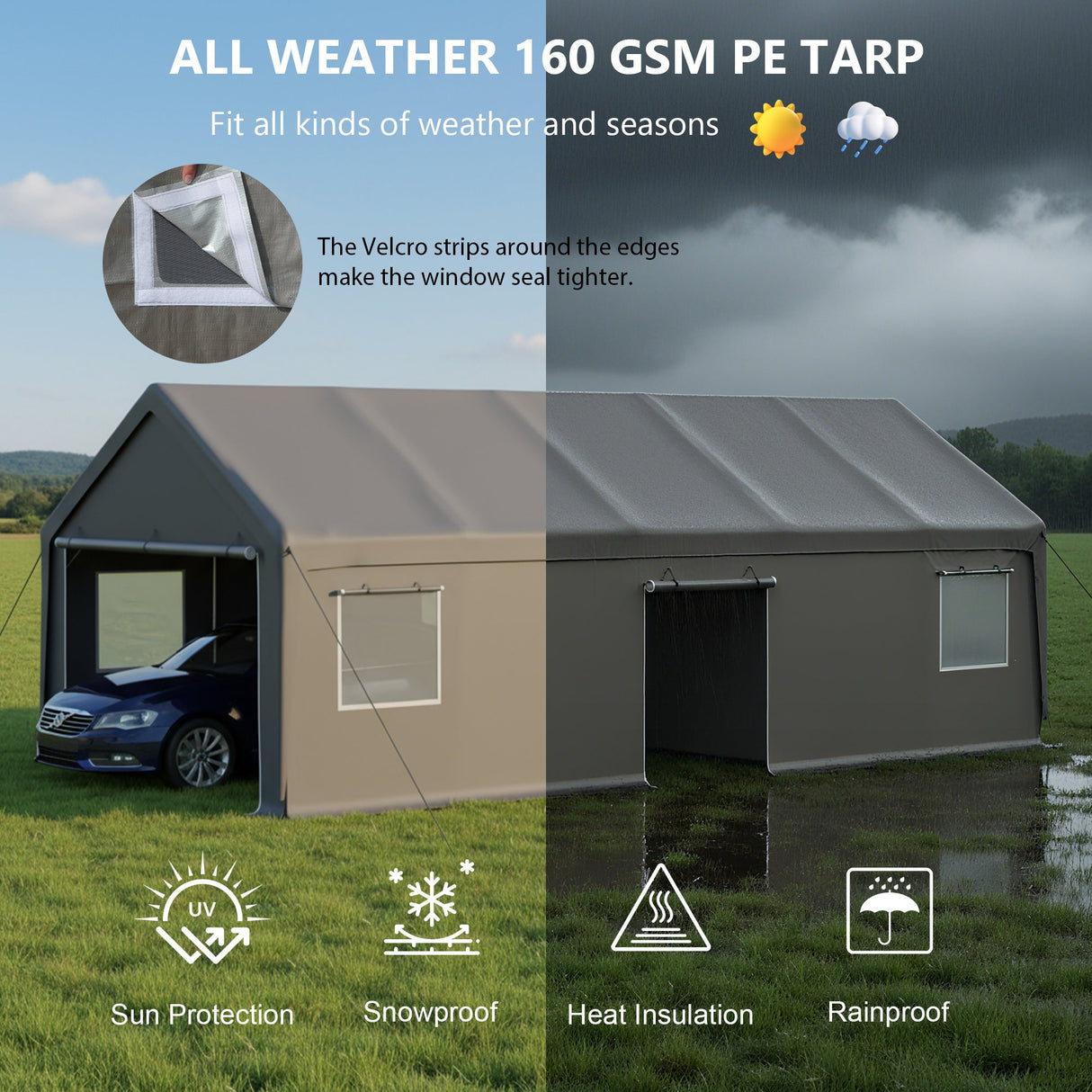 13x26 FT Heavy Duty Carport Canopy with 2 Roll - Up Doors + 1 Side Door Removable End Walls & Windows All - Weather Portable Garage Shelter for Car, Truck, Boat, Vehicle - Fab Heavy Parts