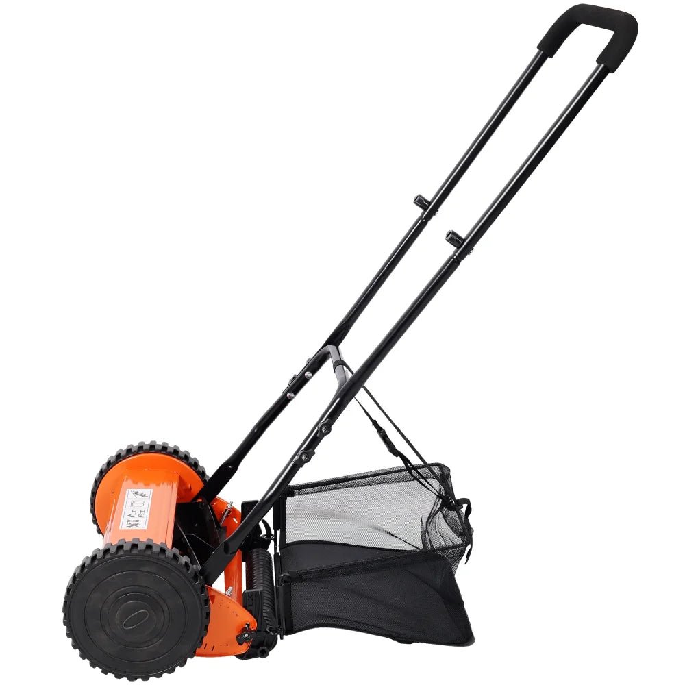 14 - Inch 5 - Blade Push Reel Lawn Mower with Grass Catcher - Orange - Fab Heavy Parts