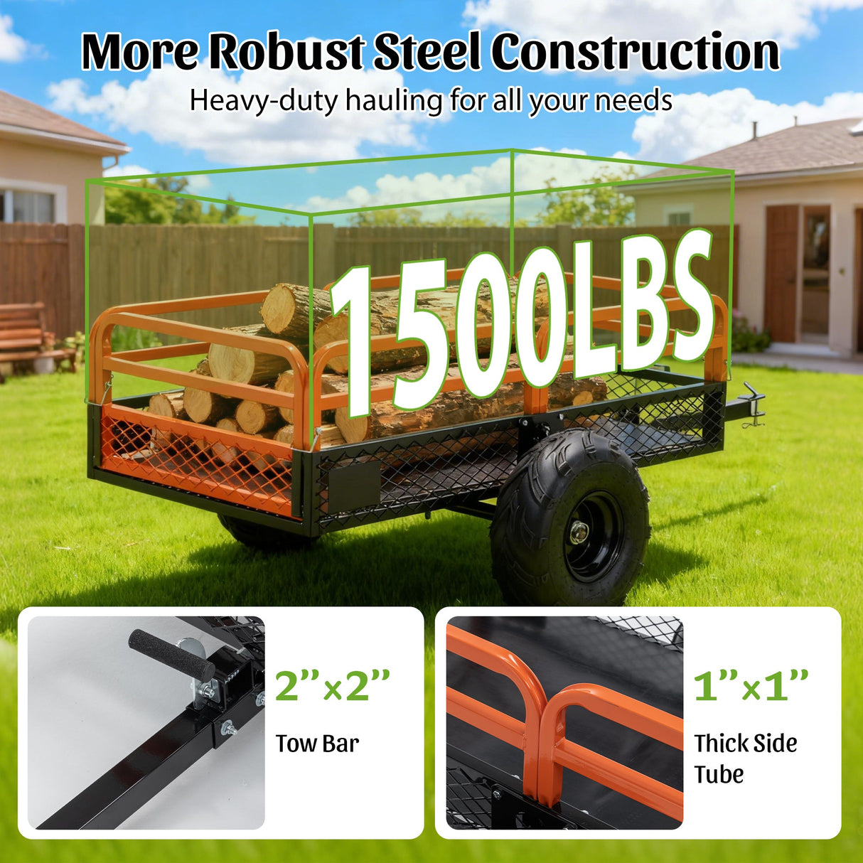 1500LBS Capacity 15 Cubic Feet Dump Cart Trailer Heavy Duty Tow Behind Hauling & Dumping Wagon for ATV, UTV, Lawn Tractor and Garden - Fab Heavy Parts