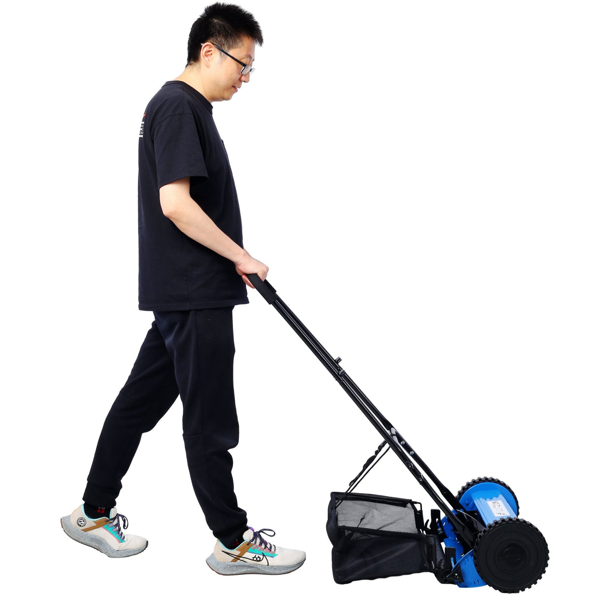 16 - Inch 5 - Blade Push Reel Lawn Mower with Grass Catcher Blue - Fab Heavy Parts