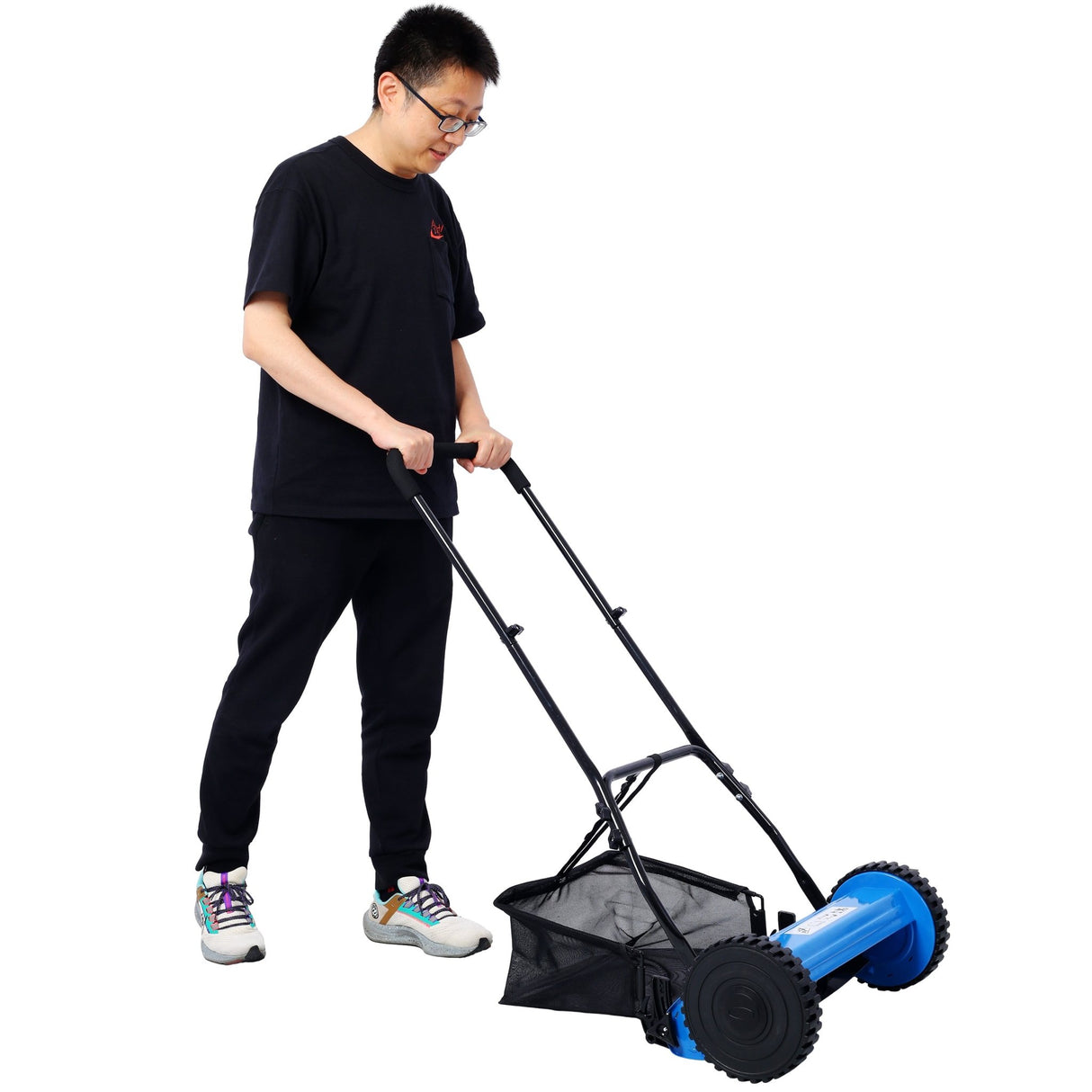 16 - Inch 5 - Blade Push Reel Lawn Mower with Grass Catcher Blue - Fab Heavy Parts