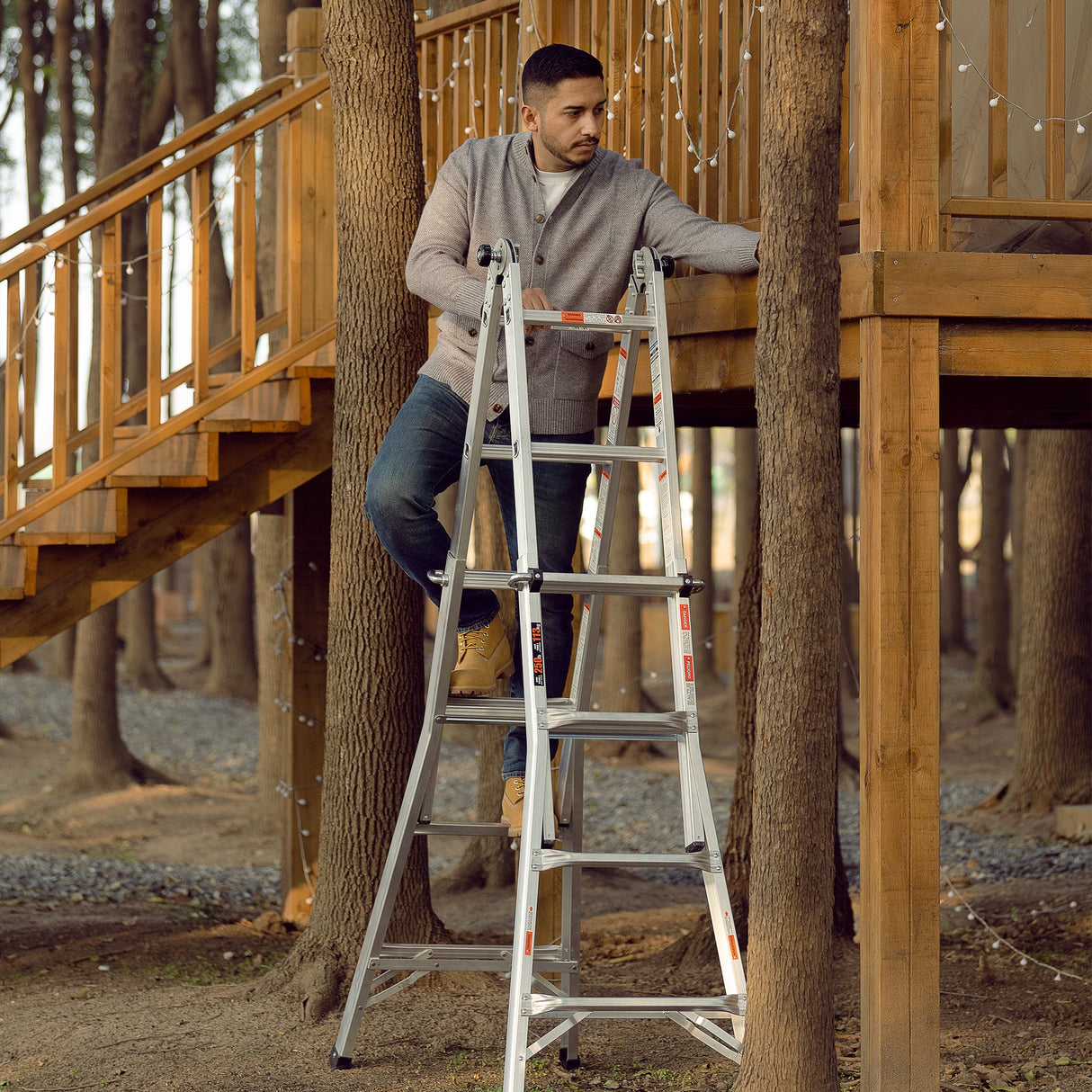 17ft Multi - Position Foldable Aluminum Ladder A - Frame and Straight Ladder ANSI 250lbs - Grey - Fab Heavy Parts